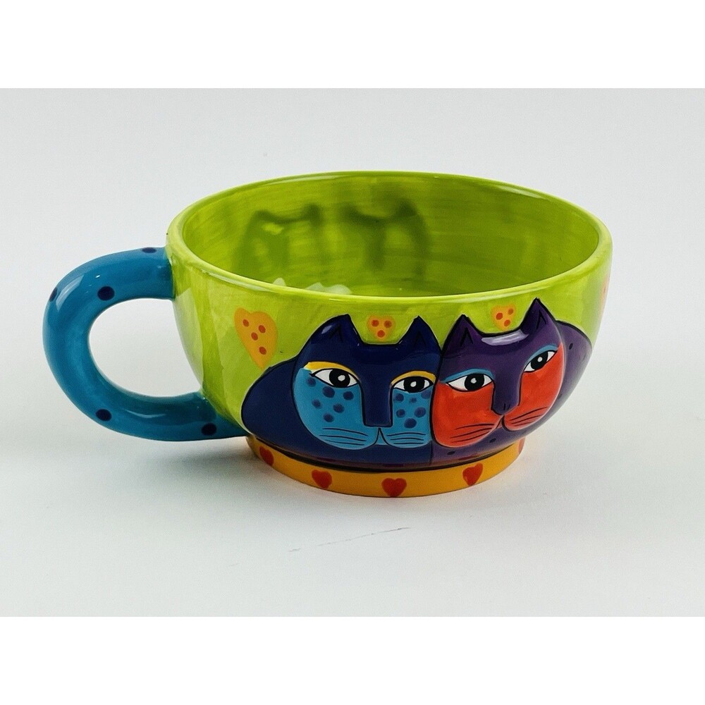 Laurel Burch Cat Mug Tea Cup Green 1980s Japan Mythical Vintage Soup 3D Ganz Rar